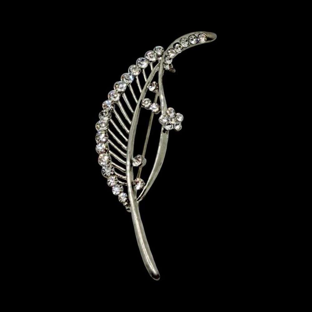 Silver Tone Clear Rhinestone Leaf Spray Pin Brooch with Flower Accent